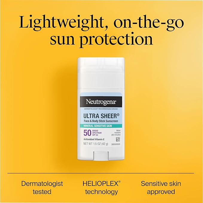 Neutrogena Ultra Sheer Dry Touch SPF 50 Mineral Sunscreen Stick for Sensitive Skin, Zinc Oxide, Body & Face Sunscreen with Vitamin E, No White Residue & Vegan, 1.5 oz