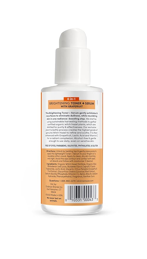 Dickinson's Original Witch Hazel Brightening Toner + Serum with Grapefruit | 100% Natural Distilled Witch Hazel | Alcohol-Free | Gently Exfoliates & Tones Skin | Refines Pores| 4 Fl Oz