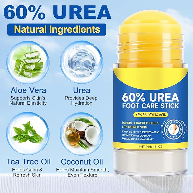 60% Urea with 2% Salicylic Acid Urea Foot Care Stick, 60% urea foot cream for Feet Maximum Strength, Foot Cream Moisturizer for Dry Cracked Feet, Knees, Elbows, Hands, Moisturise & Soften Skin (40G)