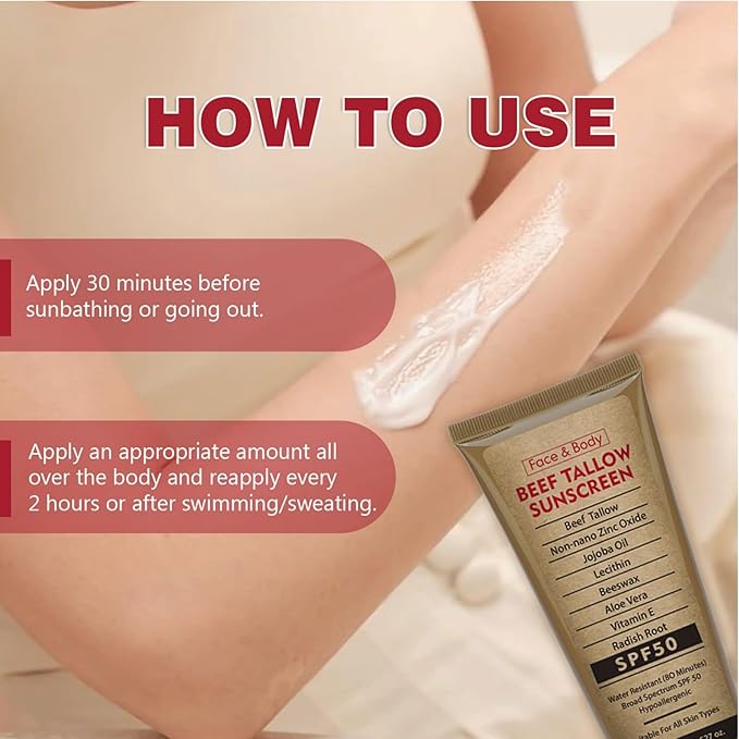 Beef Tallow Sunscreen for Face & Body - Natural Reef Safe Sunblock, Non Greasy Clean Formula, Travel-Friendly Summer Outdoor Sun Protection, 2.46 OZ