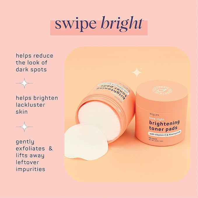 SpaLife Love & Light Radiating Toner Pads – for Uneven Skin Tone, Dark Spots & Discoloration, Clogged Pores, Dullness with Vitamin C, Niacinamide – Toner Pad for Face, Pre-Soaked Pads