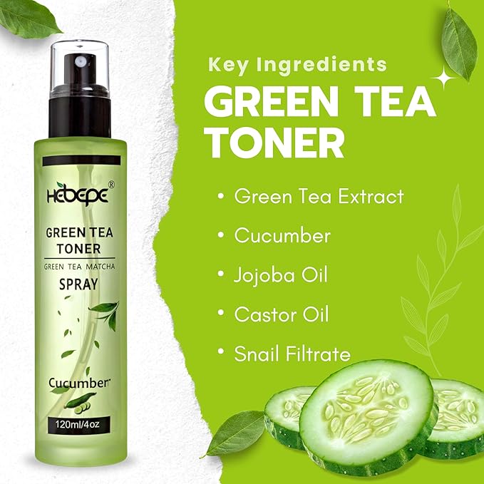 Green Tea Face Mist with Cucumber 4 oz, Matcha Facial Toner Spray Hyaluronic Acid for All Skin, Hydrating Soothing Reduces Redness Cooling After-Sun for Women Men, Alcohol-Free