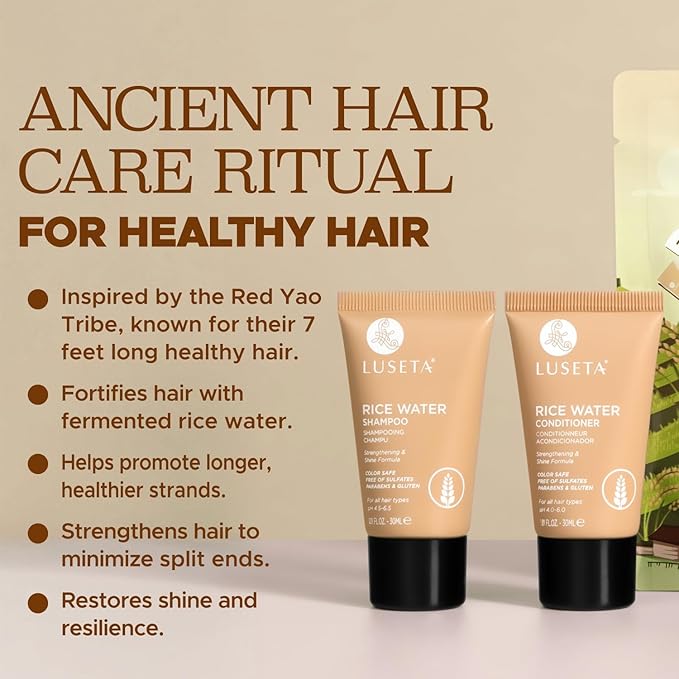 Luseta Rice Water Shampoo and conditioner Set Strengthening & Nourishing Revitalizes Shine for All Hair Types Hydrating & Frizz Control for Women and Men 1.01oz*2