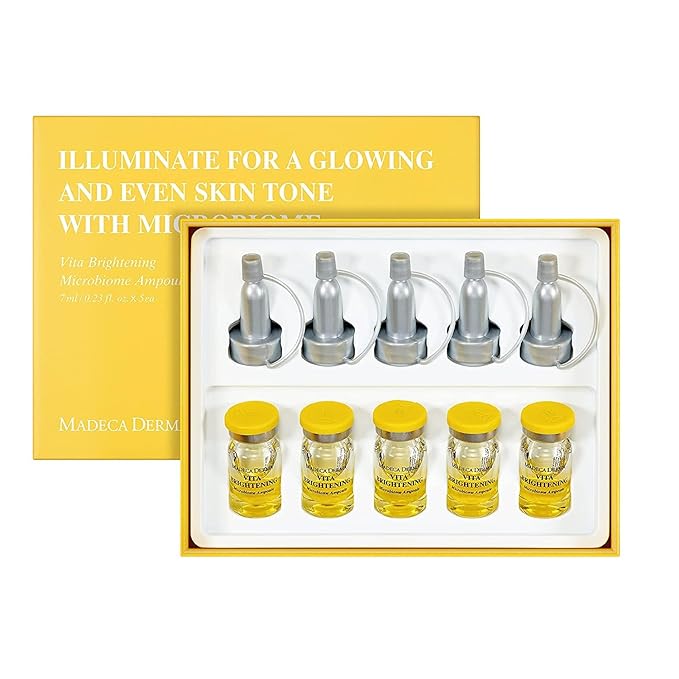 MADECA DERMA Vita Brightening Microbiome Ampoule – Brightening with Vitamins C & E, Hyaluronic Acid & Antioxidants, Korean Skincare for Radiant, Even Tone & Dark Spot Care (0.23 fl oz x 5 Bottles)