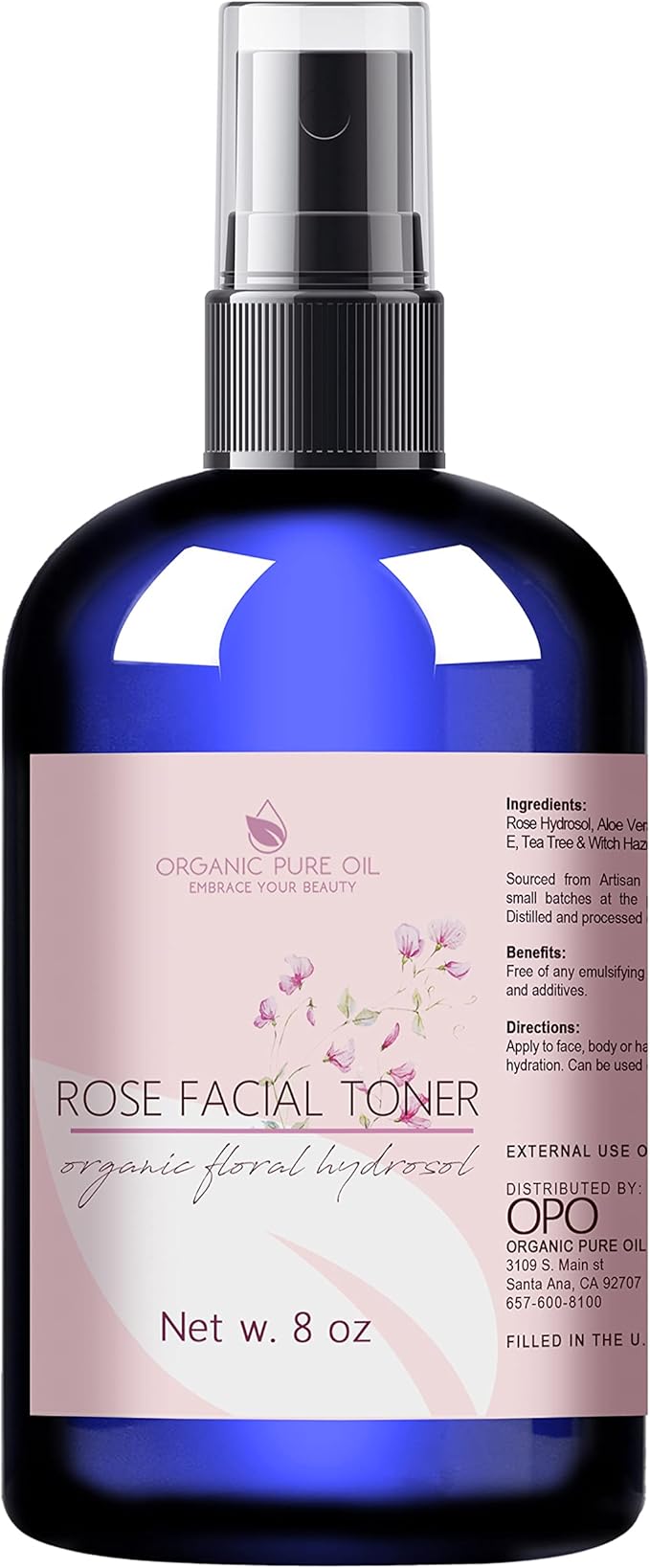 OPO Rose Water Facial Toner Spray, Natural Bulgarian Rosewater with Aloe, Tea Tree, Witch Hazel, Hydrating & Rejuvenating for Face & Neck, No Alcohol, Natural Face Mist (8 oz)