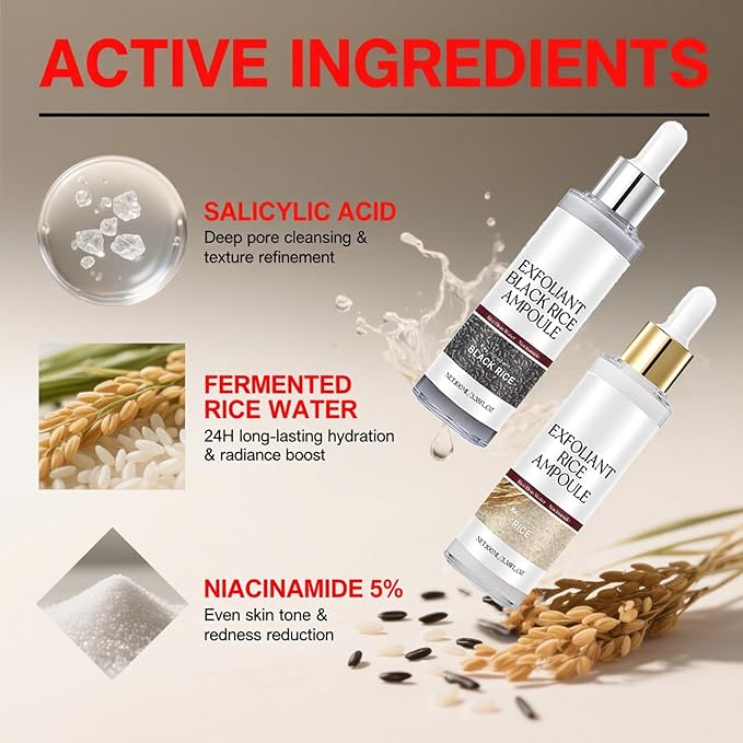 Glow Rice Ampoule Duo Day & Night - 2PCS White & Black Rice Peeling Ampoule for Face & Body, Gentle Peel to Remove Dead Skin & Blackheads, Rejuvenating Hydration Exfoliant for All Skin Types 100ml