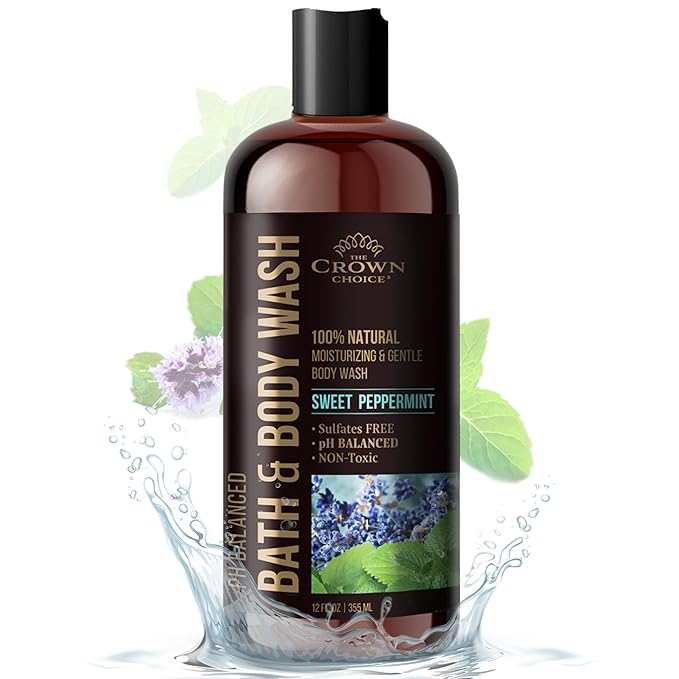 Natural Body Wash for Women, Men & Kids - Peppermint & Lavender - 12oz pH 5.5-Best pH Balance-Liquid Soap for All Skin Types-Moisturizing Sulfate & Chemical Free Shower / Bath Liquid Gel (1 PK)