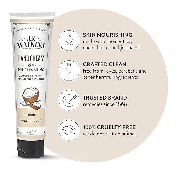 J.R. Watkins Natural Moisturizing Hand Cream, Coconut, Hydrating Hand Moisturizer with Shea Butter, Cocoa Butter, and Avocado Oil, USA Made and Cruelty Free, 3.3oz