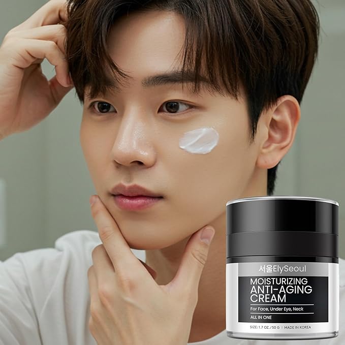 Korean 6 in 1 Face Cream for Men: Anti-Aging Skin Care Facial Moisturizer for Wrinkles Under Eye Bags Dark Circles Puffiness & Firming with Retinol Collagen Peptides Caffeine & Hyaluronic Acid, 1.7 oz