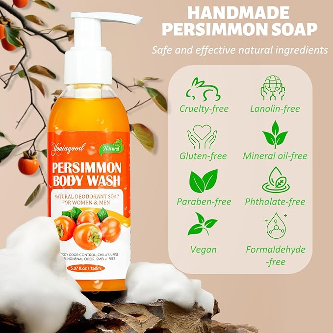 2 PCS Persimmon Body Wash for Strong Odor Control, Natural Persimmon Soap Bar Old People Smell Remover, Smelly Feet Deodorant Body Odor Eliminator, Body Wash Gel for Women & Men