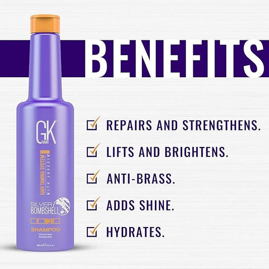 GK HAIR Global Keratin Silver Bombshell Purple Shampoo (24 Fl Oz/710ml) For Blonde, Platinum, Ash, Silver & Gray Hair Moisturizes Dry & Damaged Removes Yellow Brassy Tones