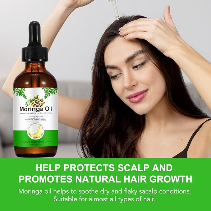 2Pack Moringa Oil 2.02 fl.oz, Pure Natural Organic Cold-Pressed Glass Bottle Moringa Oil for Hair Growth, Moringa Seed Oil for Face, Skin & Body Care, Anti-Aging, Nourish Hair, Scalp & Body Massage