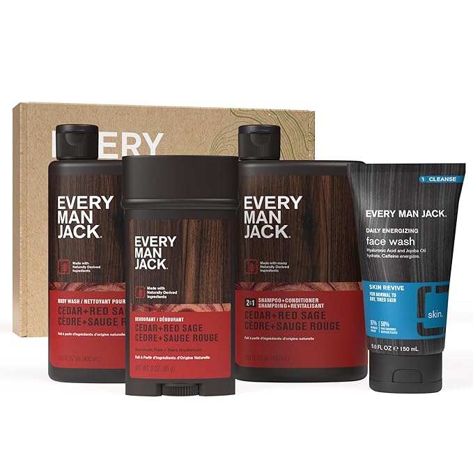 Every Man Jack Men’s Cedar + Red Sage Bath and Body Gift Set - Clean Ingredients & Cedar, Sage, and Spice Ccent - Round Out His Routine with Men’s Body Wash, 2-in-1 Shampoo, Deodorant & Face Wash