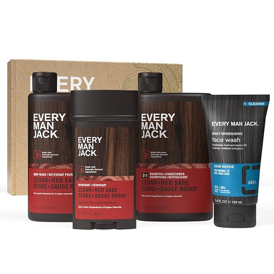 Every Man Jack Men’s Cedar + Red Sage Bath and Body Gift Set - Clean Ingredients & Cedar, Sage, and Spice Ccent - Round Out His Routine with Men’s Body Wash, 2-in-1 Shampoo, Deodorant & Face Wash