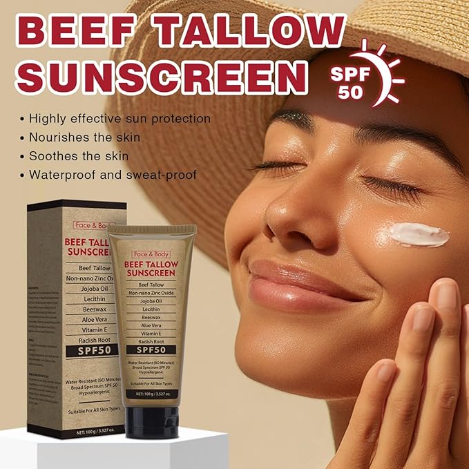 Beef Tallow Sunscreen for Face & Body - Natural Reef Safe Sunblock, Non Greasy Clean Formula, Travel-Friendly Summer Outdoor Sun Protection, 2.46 OZ