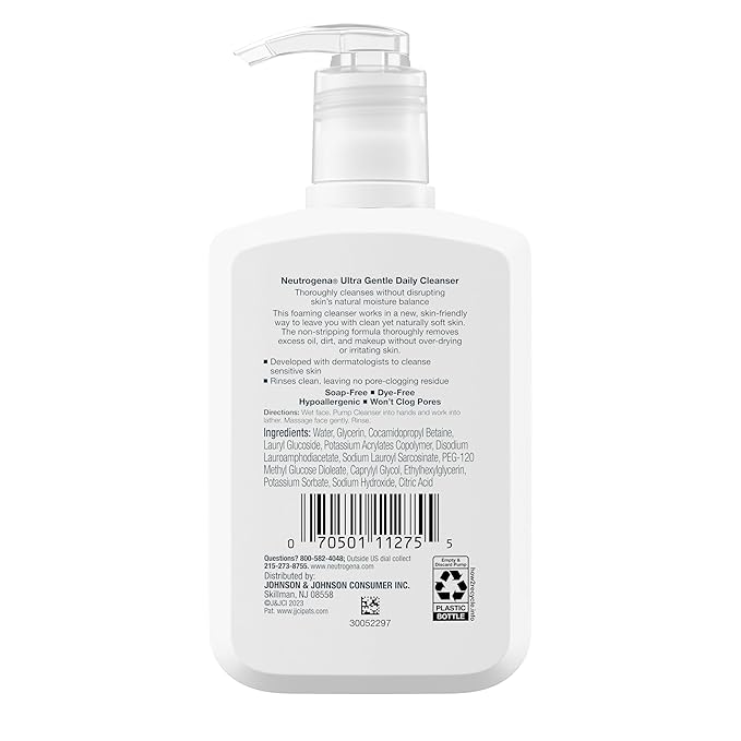 Neutrogena Ultra Gentle Foaming Facial Cleanser, Foaming Face Wash for Sensitive Skin, Gently Cleanses Away Dirt, Oil & Makeup Without Over Drying, Fragrance-Free, 5.8 fl. oz