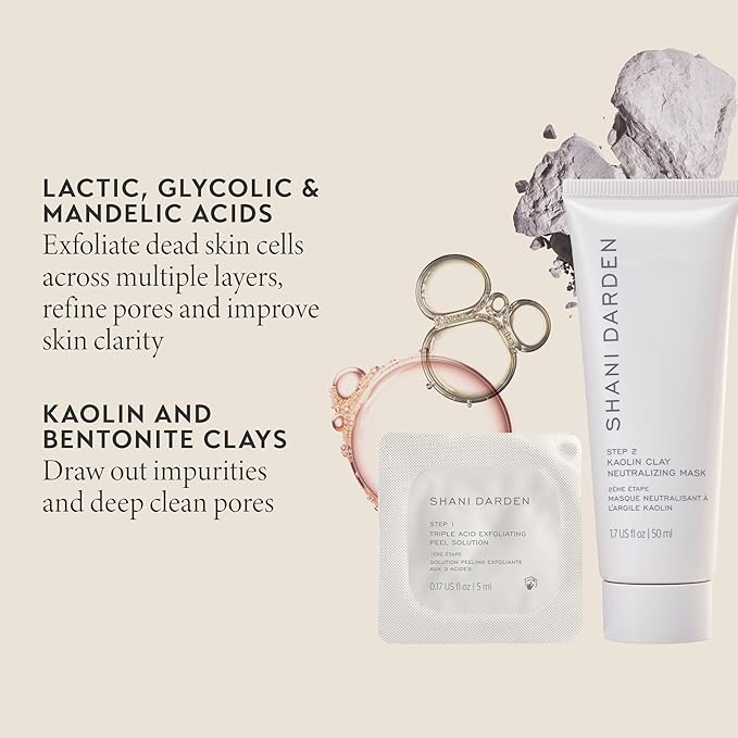 SHANI DARDEN SKIN CARE Triple Acid Peel, 2-Step Exfoliating Face Peel with Mandelic, Lactic & Glycolic Acids, Kaolin Clay Neutralizing Mask & Brush, Helps Improve Dark Spots & Skin Texture, 1.69 fl oz