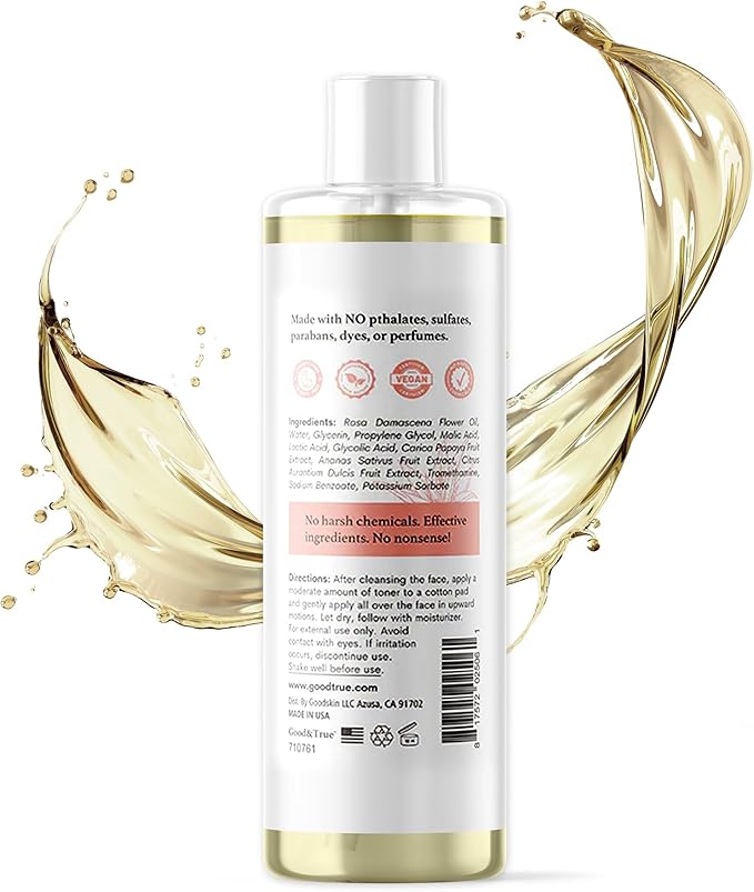 Good & True Organics Exfoliating Toner, Glycolic Acid, Papaya & Pineapple Enzymes, Rose Water for Smooth Skin - Removes Impurities, Hydrates & Balances,Gentle for All Skin Types, 5 fl oz