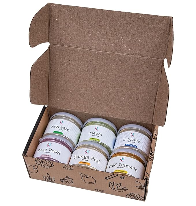 YOGI’S GIFT – Celebrating health Ayurvedic Skin Care Sampler | Six Powders in One Pack | Aloe vera, Rose petal, Wild Turmeric, Licorice, Neem & Orange Peel Powders 1oz Each | Soap Making Ingredient