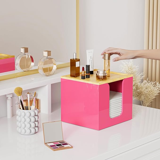 VITVITI Disposable Face Towel Holder Box, Acrylic Facial Towel Container for XL Clean Skin Club, Large Disposable Face Towels Storage with Bamboo Lid, for Bathroom, Vanity Makeup, Pink