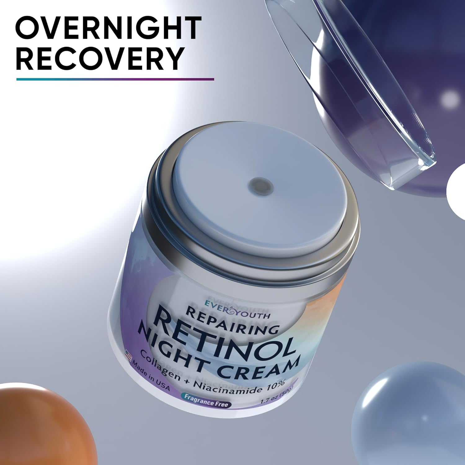 Retinol Night Cream for Women – Anti-Aging Face Moisturizer with Collagen & Niacinamide – Hydrating Overnight Facial Cream for Wrinkles, Fine Lines & Dark Spots – Made in USA, 1.7oz