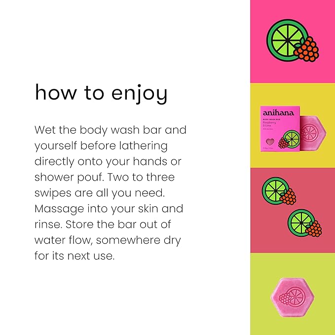 ANIHANA Body Wash Bar with Coconut Oil and Aloe Vera, Soap Free, Moisturizing, Gentle, Soft Skin Care, Refreshing Raspberry & Lime Scent 2.8 Oz