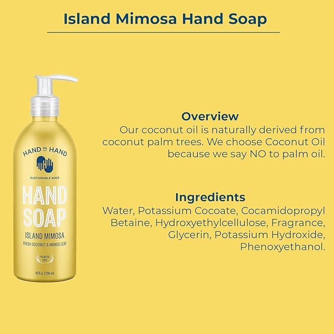 Hand in Hand Body Wash, Body Lotion, Liquid Hand Soap, and Sugar Scrub Combo Pack, Fresh Coconut & Mango Leaf, Island Mimosa Scent