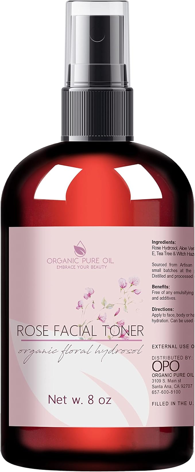 OPO Rose Water Facial Toner Spray, Natural Bulgarian Rosewater with Aloe, Tea Tree, Witch Hazel, Hydrating & Rejuvenating for Face & Neck, No Alcohol, Natural Face Mist (8 oz)