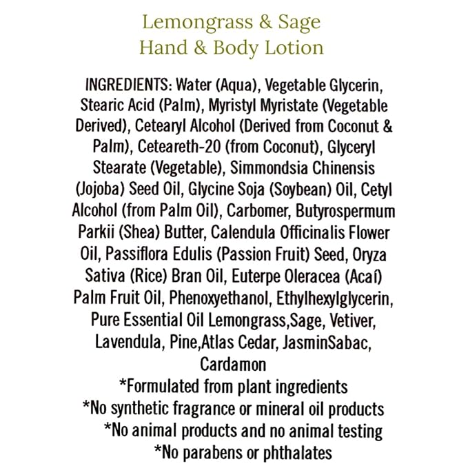 Lemongrass & Sage Hand & Body Lotion for Dry Skin – Infused with Natural-Organic Shea Butter & Acai Fruit Oil (8oz)