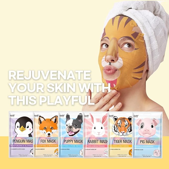 Epielle Animal Character Sheet Masks | Korean Beauty Masks for All Skin Types | Pack of 6 | Face Mask, Birthday Party Gift, Girls' Night, Spa Day, Spa Night | Korean Skincare, Spa Gifts for Women
