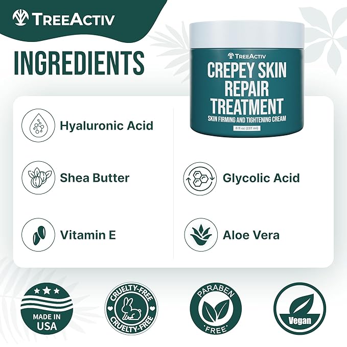 TreeActiv Crepey Skin Repair Treatment, 8oz, Firming Cream with Hyaluronic Acid & Shea Butter to Deeply Moisturize & Tighten Wrinkly Dry Crepe Skin, 500+ Uses