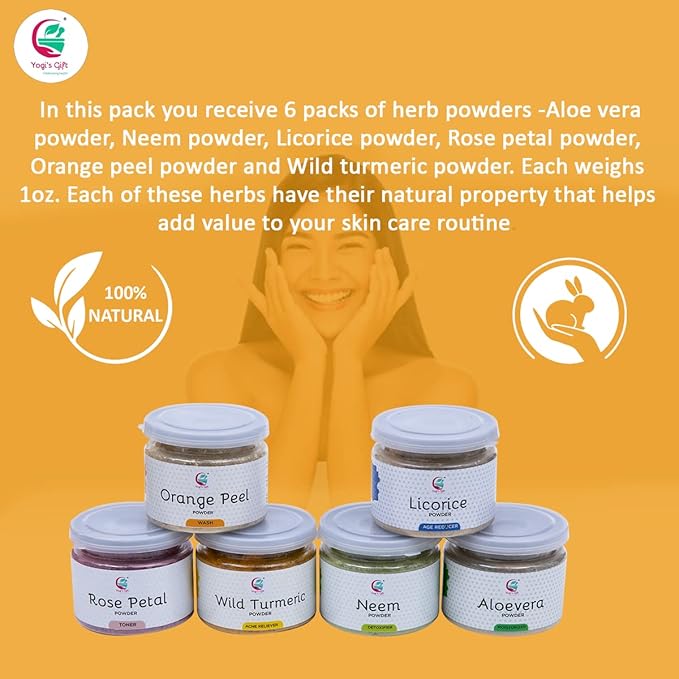 YOGI’S GIFT – Celebrating health Ayurvedic Skin Care Sampler | Six Powders in One Pack | Aloe vera, Rose petal, Wild Turmeric, Licorice, Neem & Orange Peel Powders 1oz Each | Soap Making Ingredient