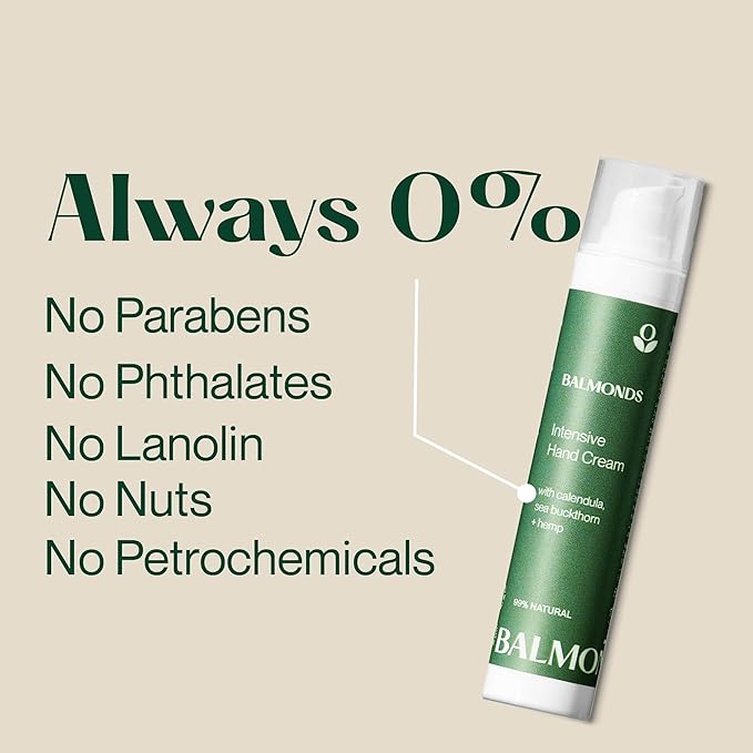 Balmonds - Intensive Hand Cream - 1.8oz. (50ml) - 100% Natural Hand Lotion For Dry Hands - Fragrance Free - Vegan & Cruelty Free - All Skin Types