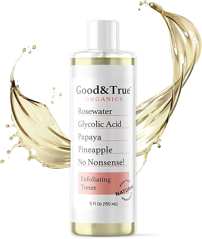 Good & True Organics Exfoliating Toner, Glycolic Acid, Papaya & Pineapple Enzymes, Rose Water for Smooth Skin - Removes Impurities, Hydrates & Balances,Gentle for All Skin Types, 5 fl oz