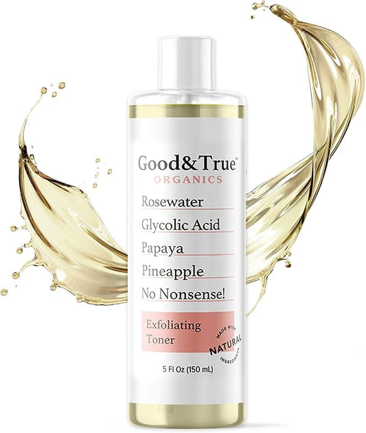 Good & True Organics Exfoliating Toner, Glycolic Acid, Papaya & Pineapple Enzymes, Rose Water for Smooth Skin - Removes Impurities, Hydrates & Balances,Gentle for All Skin Types, 5 fl oz