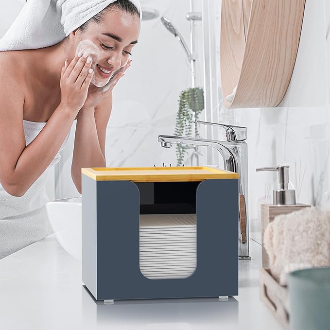 VITVITI Disposable Face Towel Holder Box, Acrylic Facial Towel Container for XL Clean Skin Club, Large Disposable Face Towels Storage with Bamboo Lid, for Bathroom, Vanity Makeup, Gray