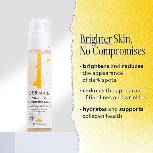 DERMA E Vitamin C Concentrated Serum, 2 Oz, with Hyaluronic Acid, Vitamin E & Aloe, All Natural, Antioxidant-Rich Concentrated Formula, Hydrating & Brightening Vitamin C Face Serum