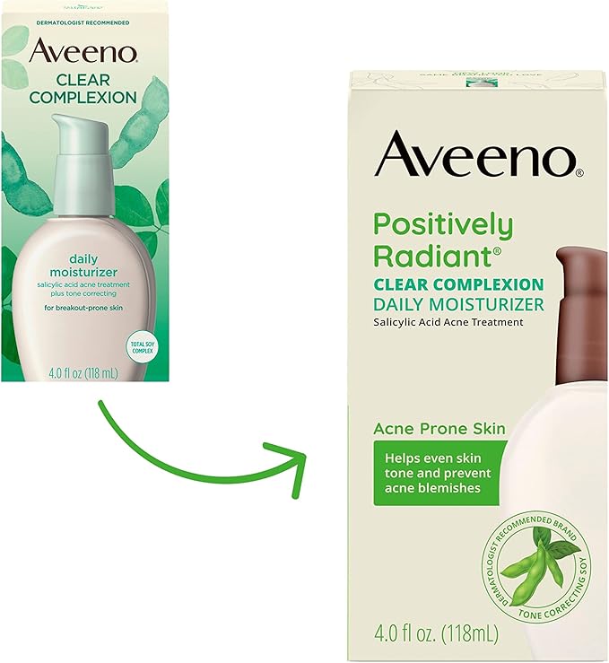 Aveeno Positively Radiant Clear Complexion Face Moisturizer, Acne Facial Moisturizer with Soy and Salicylic Acid for Oily Skin, Hypoallergenic Formula, Paraben-Free, Non-Comedogenic, Pump, 4 FL OZ