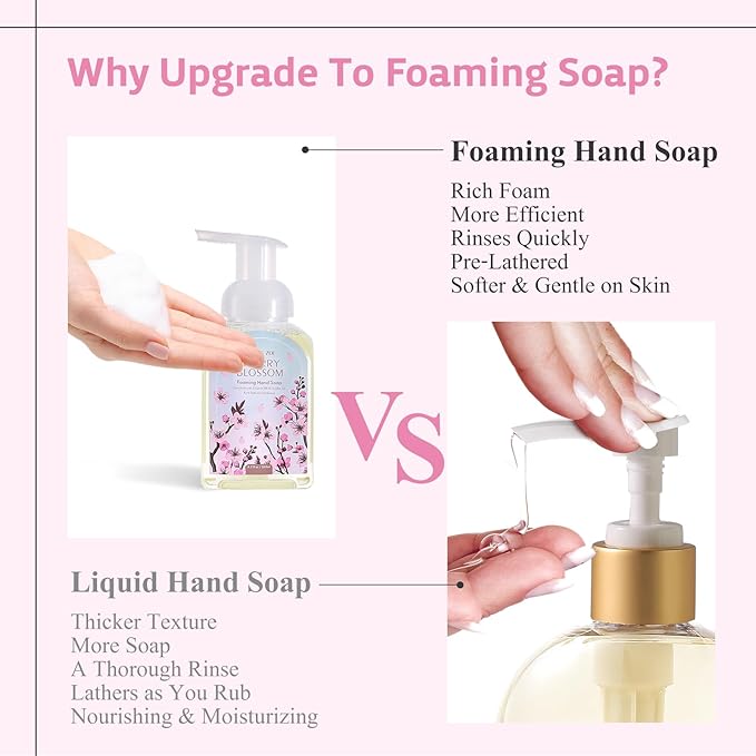 Cherry Blossom Foaming Hand Soap Refill Gift Set – 3 Pack*33.8 Fl Oz with Refillable Dispenser, Refreshing Floral Scent, Moisturizing & Chemical-Free for Bathroom, Kitchen, Sensitive Skin