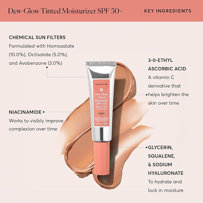 Naturium Dew-Glow Tinted Moisturizer SPF 50+ Medium, Daily Moisturizing Sunscreen & Face Primer with Tint, Skin Protector with Dewy Finish, 1.7 oz