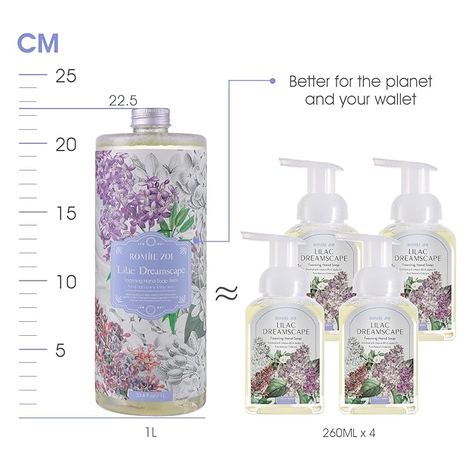 Lilac Foaming Hand Soap Refill Gift Set – 3 Pack (33.8 Fl Oz Each) with Refillable Dispenser, Soft Floral Scent, Moisturizing, Biodegradable & Chemical-Free Formula for Bathroom, Kitchen