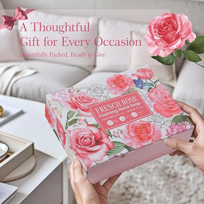 Rose Foaming Hand Soap Refill Gift Set – 3 Pack (33.8 Fl Oz Each) with Refillable Dispenser, Romantic Floral Scent, Moisturizing & Biodegradable for Bathroom, Kitchen, Sensitive Skin