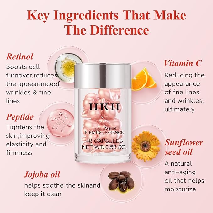 HKH Retinol Face Serum Oil - Anti-aging Night Serum with Vitamin E, 48 Capsules, Reduce Wrinkles, Firm & Hydrate Skin, Non-Greasy Formula, Travel-Friendly Skincare, with Scissors