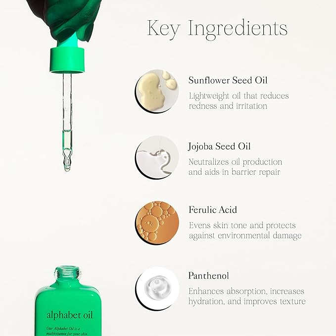 good light Alphabet Oil. Lightweight & Non-Greasy For Oily, Acne Prone Skin. Use Daily For Face, Neck, Chest, & Hands. Made With Vitamin C, Vitamin E, and Jojoba Oil. Vegan Korean Skin Care, 1 Fl. Oz.