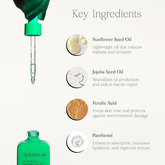 good light Alphabet Oil. Lightweight & Non-Greasy For Oily, Acne Prone Skin. Use Daily For Face, Neck, Chest, & Hands. Made With Vitamin C, Vitamin E, and Jojoba Oil. Vegan Korean Skin Care, 1 Fl. Oz.