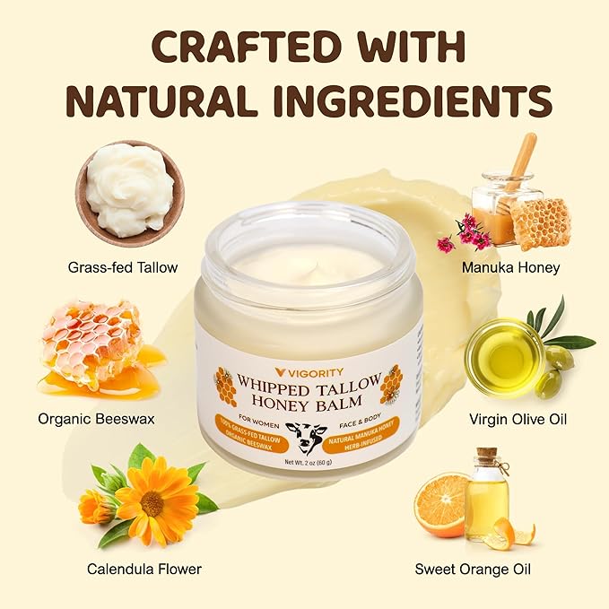Vigority Beef Tallow and Honey Balm: Organic Grass Fed Whipped Beef Tallow for Skin - Beef Tallow Face Moisturizer Infused with Manuka Honey, Beeswax and Olive Oil - 2 oz, Unscented