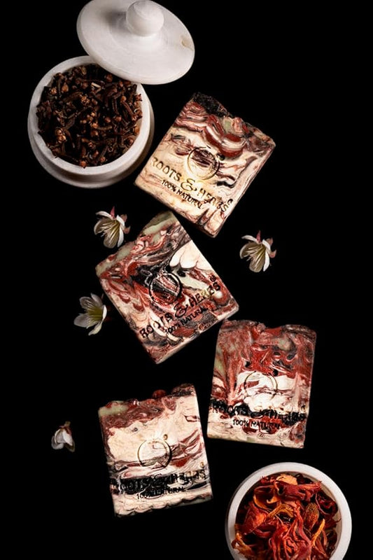 ROOTS AND HERBS Vegan No Paraben No SLS No Sulphate Ayurvedic Natural Treatment Luxurious Babassu, Sandalwood and Clove Oil Cold Process Gourmet Cleansing Bar Soap