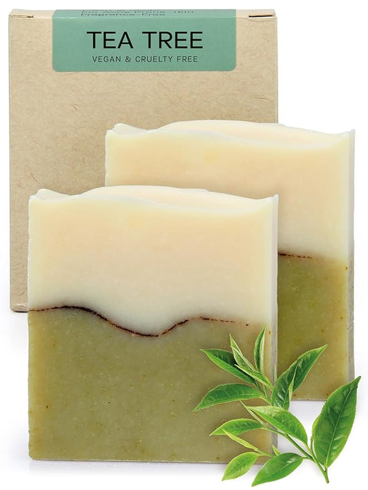 AUTHENTIC BATH & SOAP - Tea Tree Soap Bar X2 - Unscented Organic Soap, Fresh for Sensitive Skin, Tea Tree Face Wash, Cruelty Free & Vegan, Fragrance Free. (2PK) 4.2 Oz Each