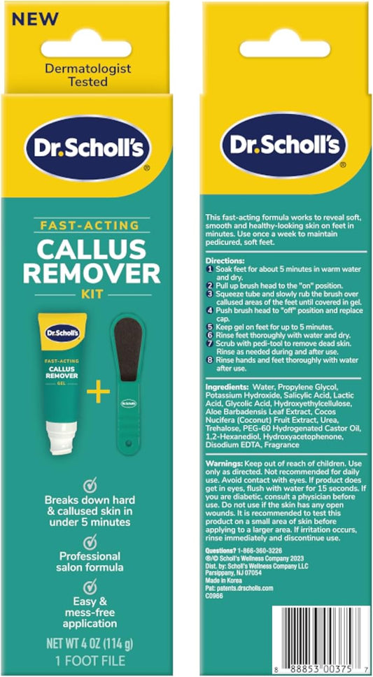 Dr. Scholl's Fast Acting Callus Remover Gel Kit, Hard Skin Removal, Smooth Soft Feet in Minutes, Salon Professional Formula, Mess Free Application, Exfoliating Foot File Pedicure Tool Included