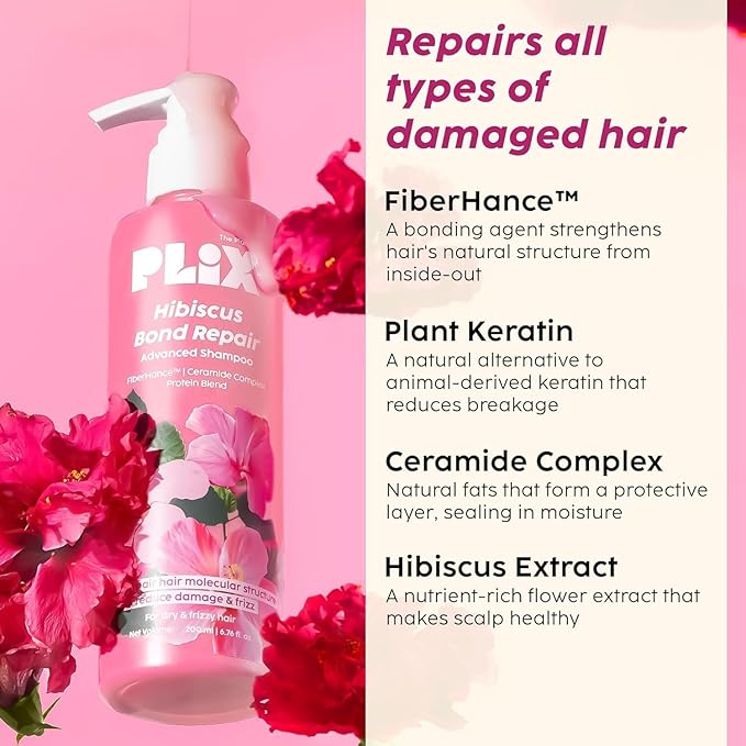 PLI.X - THE PLANT FIX Hibiscus Frizz Control Hair Serum 50ml + Bond Repair Shampoo 200ml + Conditioner 175ml | Protects & Smoothes Frizzy Hair| 3x Strength with Fiberhance